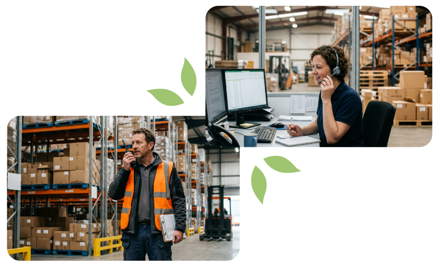 A customer service administrator working in an on-site warehouse office, communicating with a colleague via radio on the warehouse floor