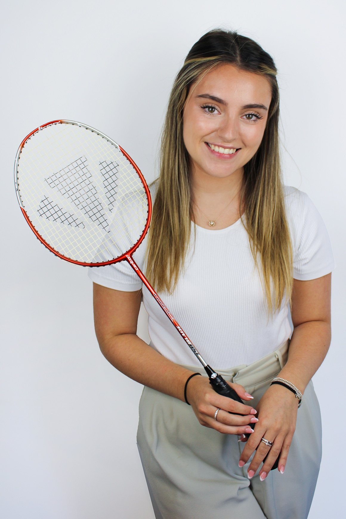 Recruitment consultant Lauren, website prop shot, badminton racket, taken in Witham office