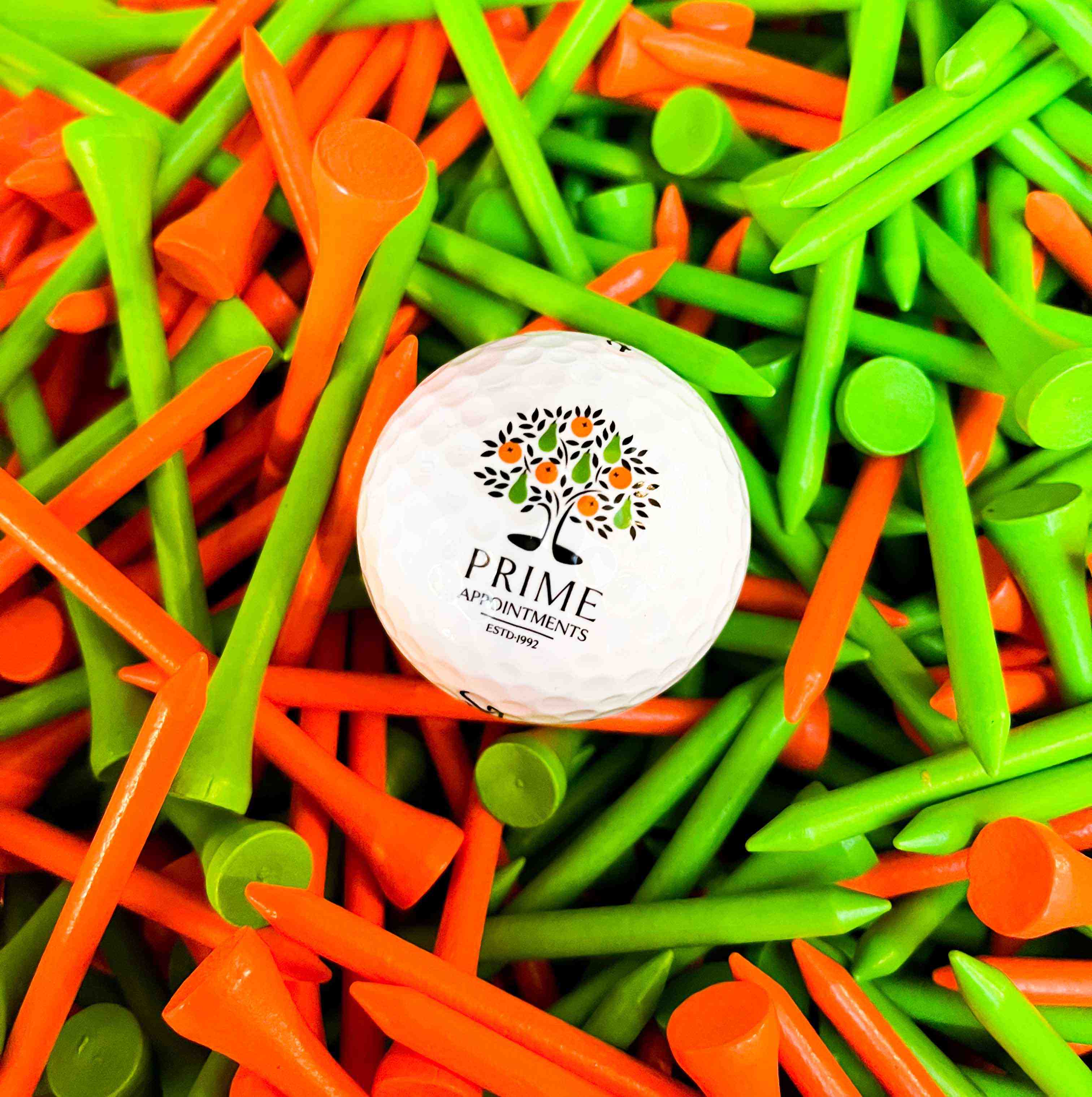 Golf Ball with Prime Appointments Logo on with Corporate colours of Orange and Green Golf Tees